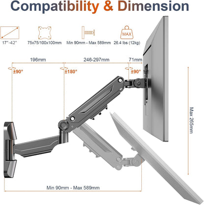 PUTORSEN Monitor Arm Wall Mount Bracket for 17-42 inch Screens, Height Adjustable Gas Spring Single Wall Monitor Mount, Tilt Swivel Rotate, Load 12KG, VESA 75x75/100x100mm, Black