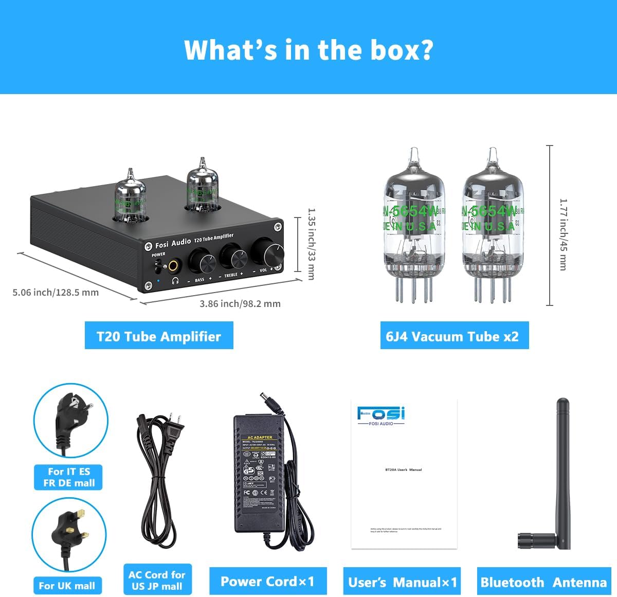 Fosi Audio T20 Bluetooth Tube Amplifier, Stereo Headphone Amplifier 2 Channel, Class D Digital Mini Hi-Fi aptX Compact Integrated Power Amp for Home Passive Speakers with 5654W Vacuum Tubes