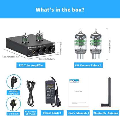 Fosi Audio T20 Bluetooth Tube Amplifier, Stereo Headphone Amplifier 2 Channel, Class D Digital Mini Hi-Fi aptX Compact Integrated Power Amp for Home Passive Speakers with 5654W Vacuum Tubes