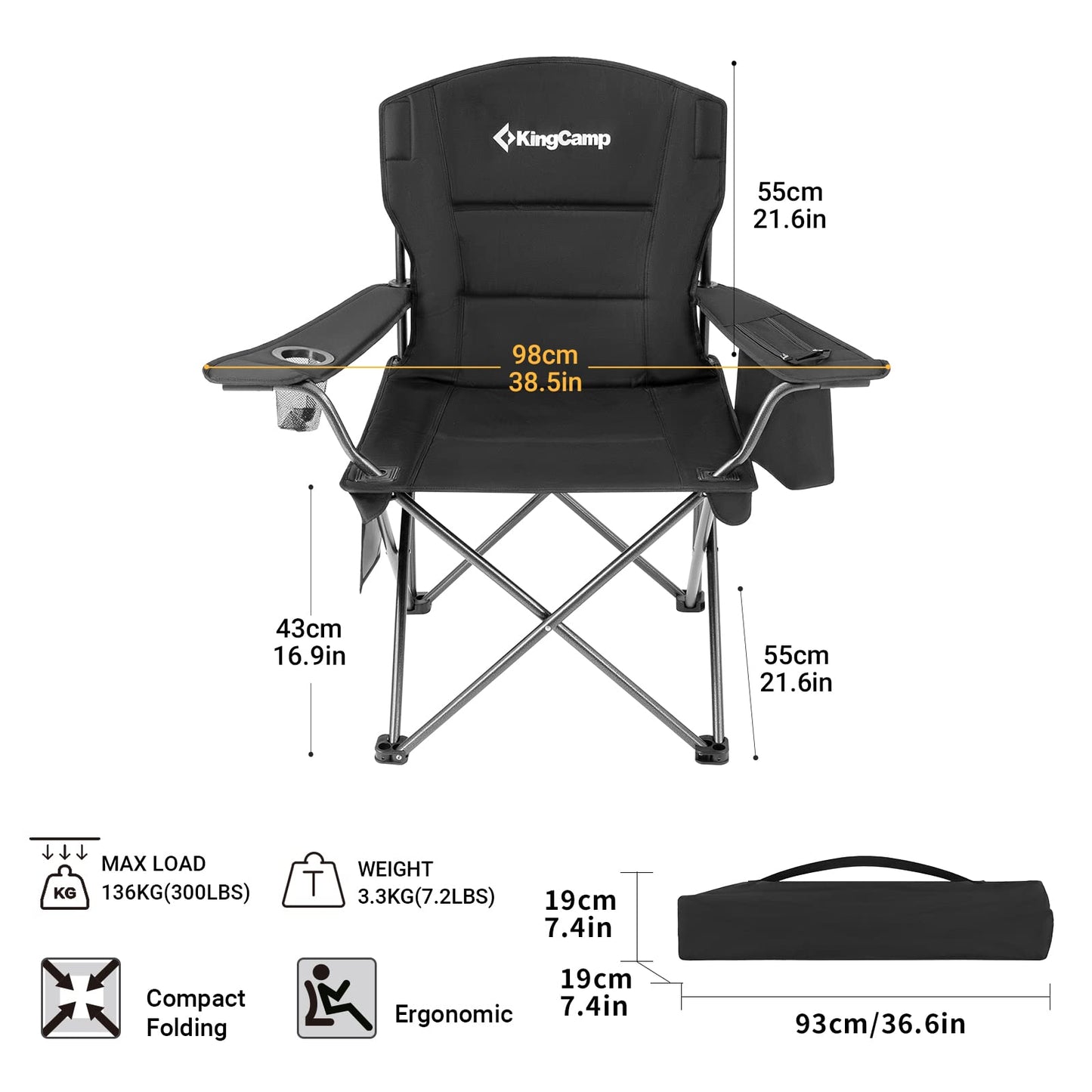 Scaun camping KingCamp Ultralight pliabil 136 kg suport pahar