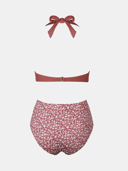 Costum de baie bikini CUPSHE cu talie inalta, decolteu halter si imprimeu floral, marimea XL, rosu caramiziu