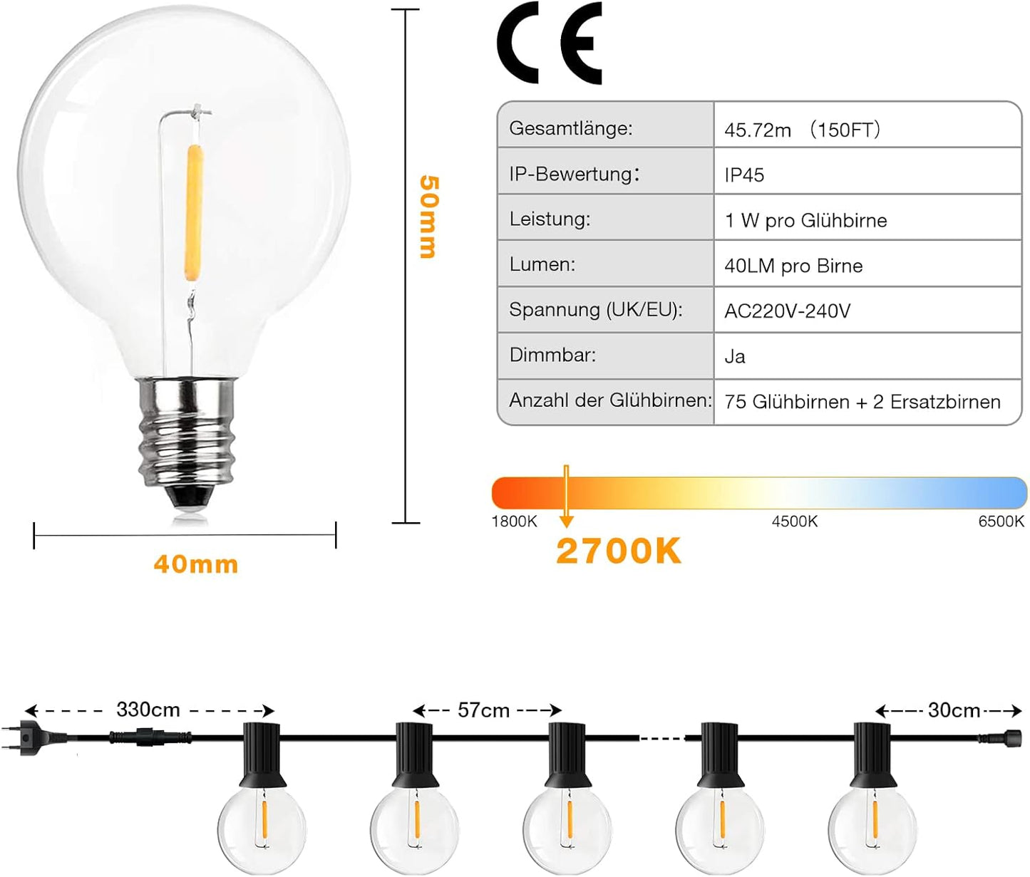 GPATIO LED Outdoor Fairy Lights, 45 m, Power, 75 + 2 Bulbs, Warm White G40 Plastic Bulbs, IP45 Waterproof, Indoor/Outdoor Fairy Lights for Garden, Patio, Weddings, Parties