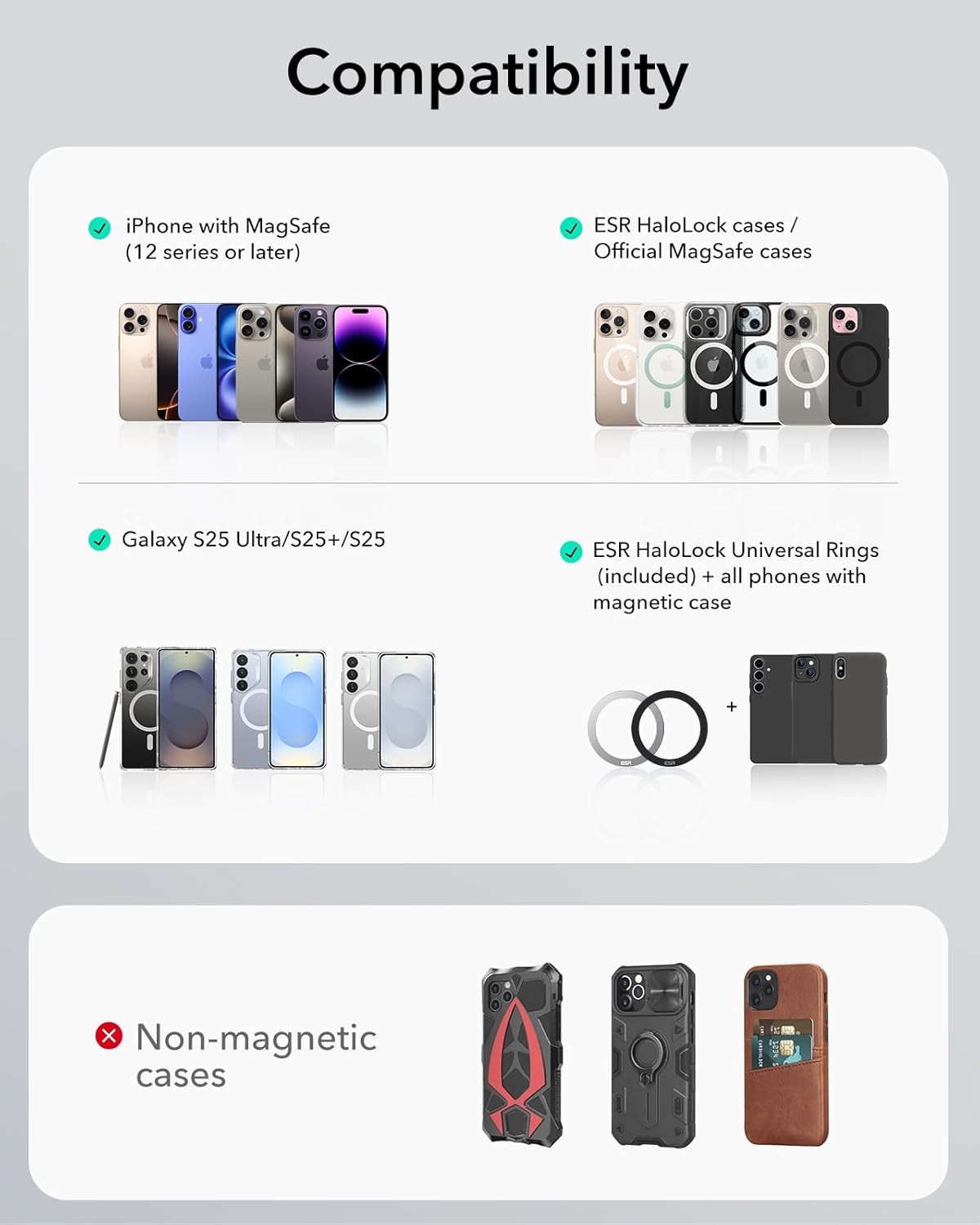 ESR Dashboard Magnetic Phone Holder for Car, for MagSafe Car Mount, Windshield Vacuum Car Mount for iPhone 16/16e/15/14/13/12, Samsung, Car Accessories, Charging Not Supported,2 Metal Rings Included