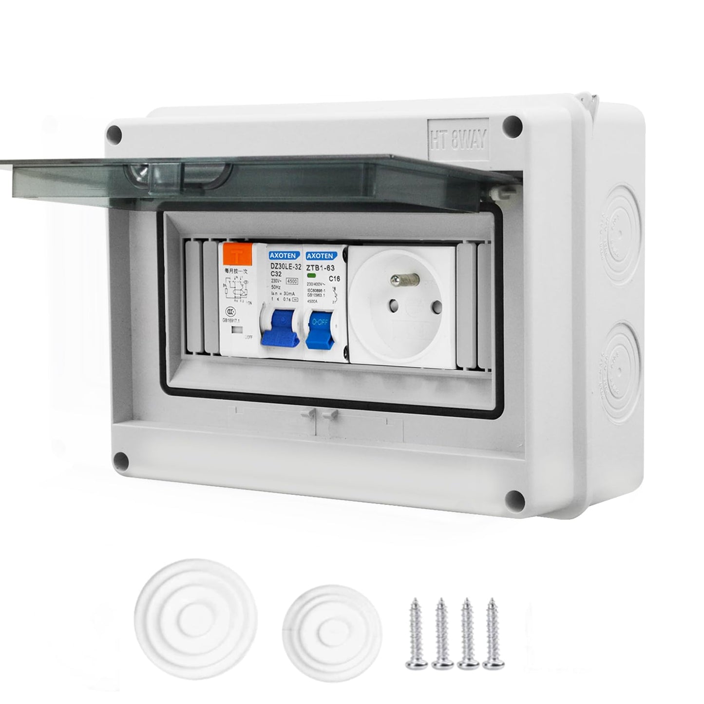 Boîte à fusibles en saillie IP65 01 Simmpatuu-Coffret électrique étanche IP65 équipé Livré,DZ 30mA AC Interrupteur de Fuite, 1 Disjoncteur 16A,2 prise modulaire 16A 2P+T