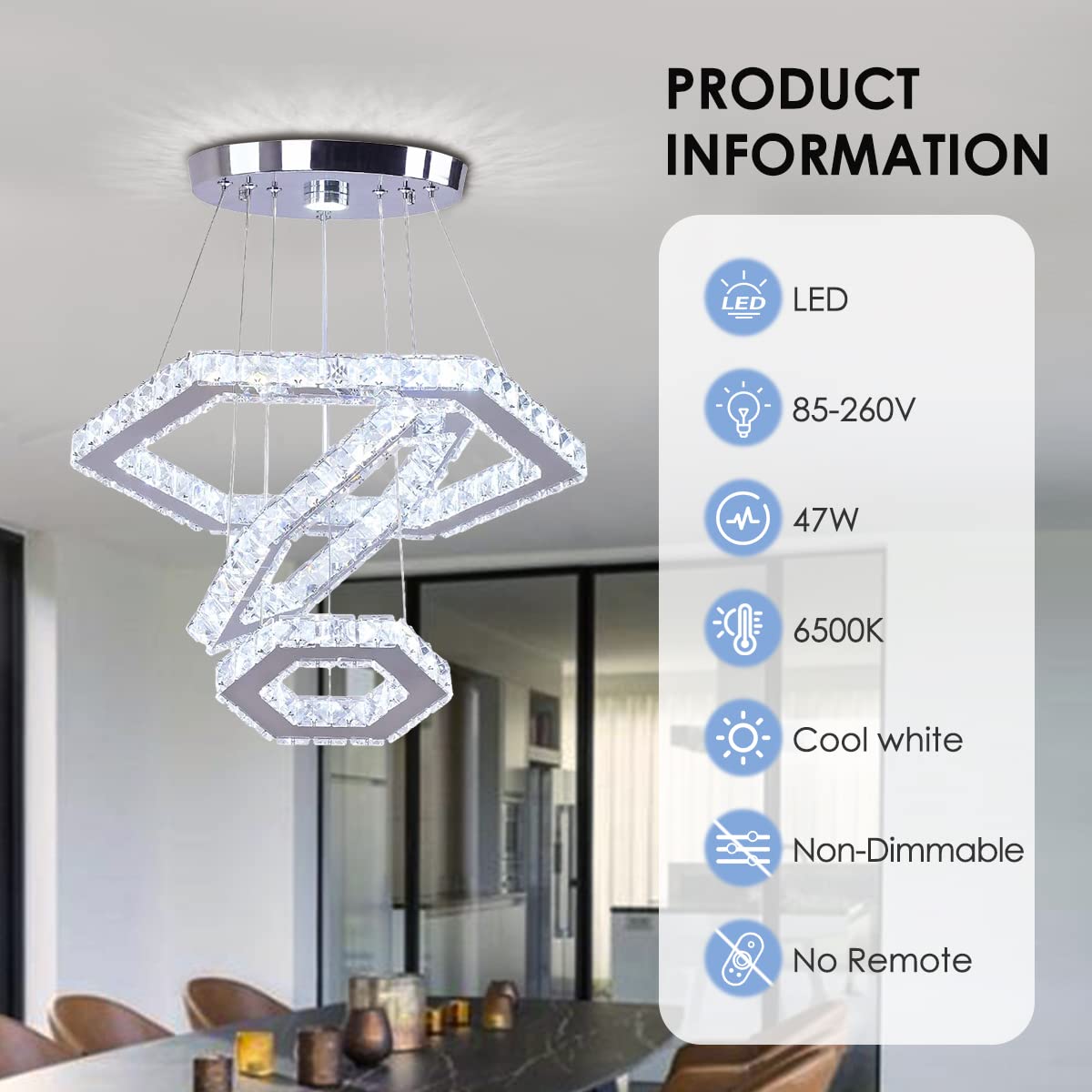 Lampa suspendata FRIXCHUR Crystal 3 inele LED 47W 6500K