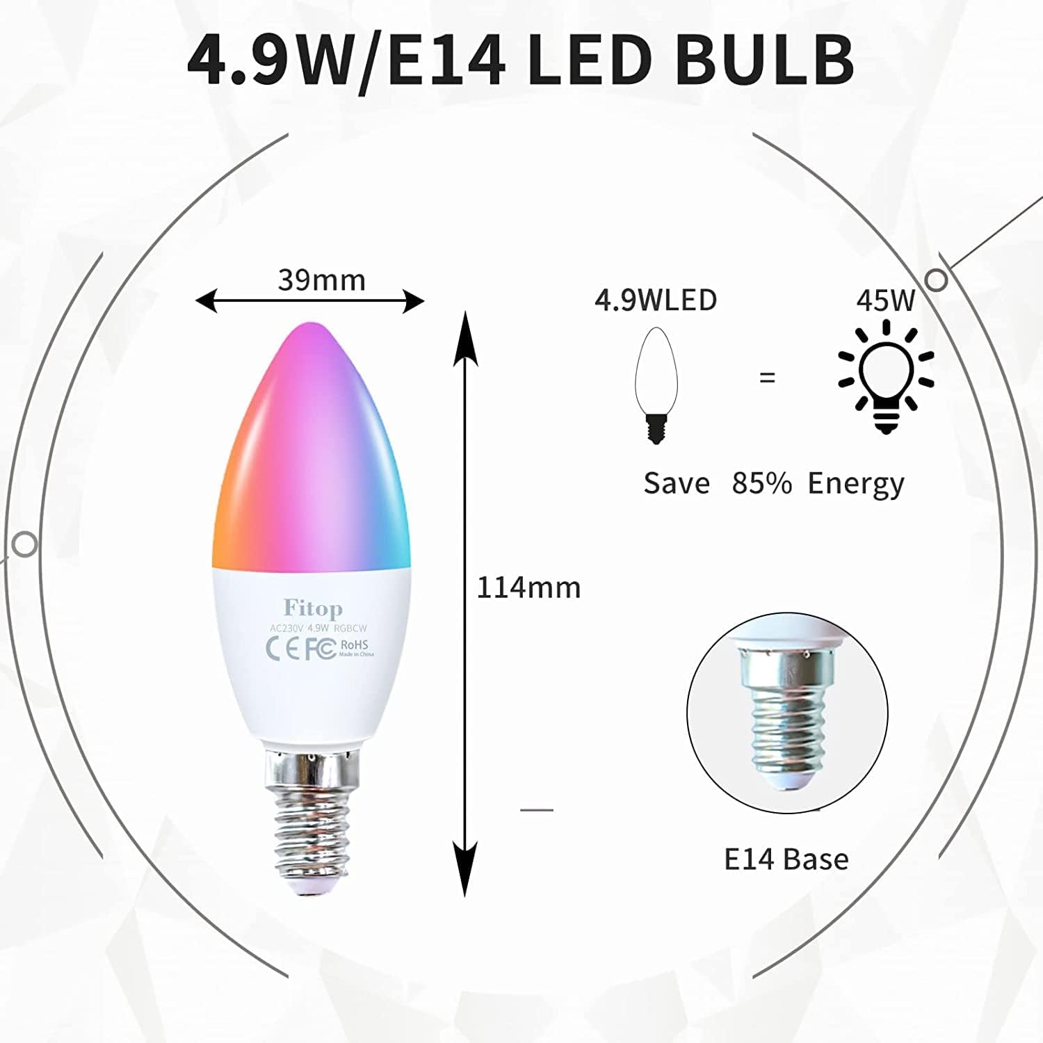 Fitop Alexa Smart Light Bulbs, E14 WiFi LED Lamps, Dimmable Light Bulb, 4.9 W, 470 Lm + 2700-6500 K + RGB 16 Million Colours, App Control, Compatible with Alexa/Google Home, Voice Control, Pack of 2
