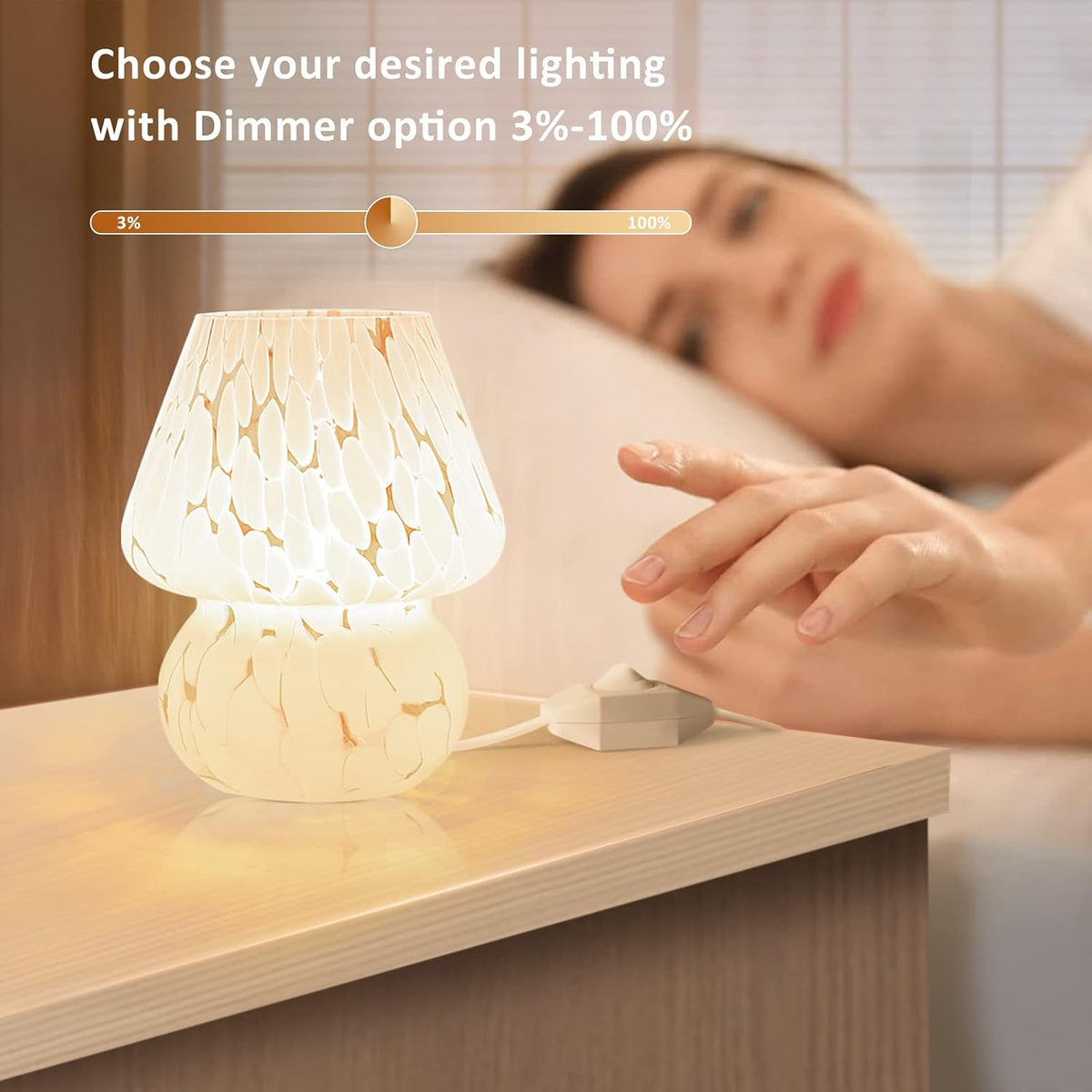 Lampa decorativa ONEWISH in forma de ciuperca, din sticla translucida alba, cu luminozitate reglabila