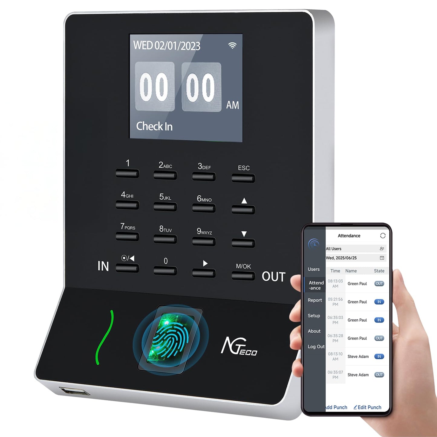 Terminal de pontaj NGTeco W3 Fingerprint PIN 2.4GHz WiFi 6.4 inch