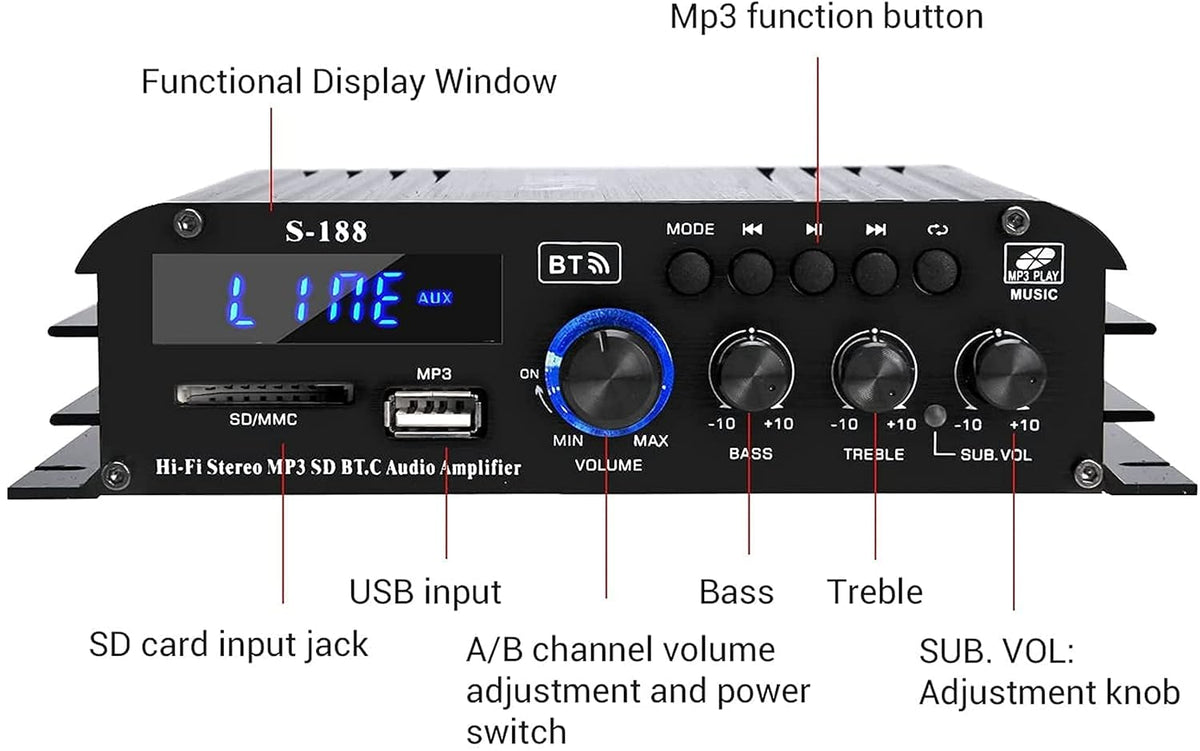 Amplificator 800W S188 Bluetooth 5.0 2.1 canale