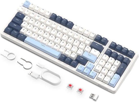 FREEWOLF K8 Wireless Hot Swap Mechanical Gaming Keyboard, Wired RGB Rainbow Backlit Keyboard Red Switch, Bluetooth 5.0/2.4Ghz/USB- C Tri Mode with 4000mAH Battery, US Layout for Mac/Win - Blue/White