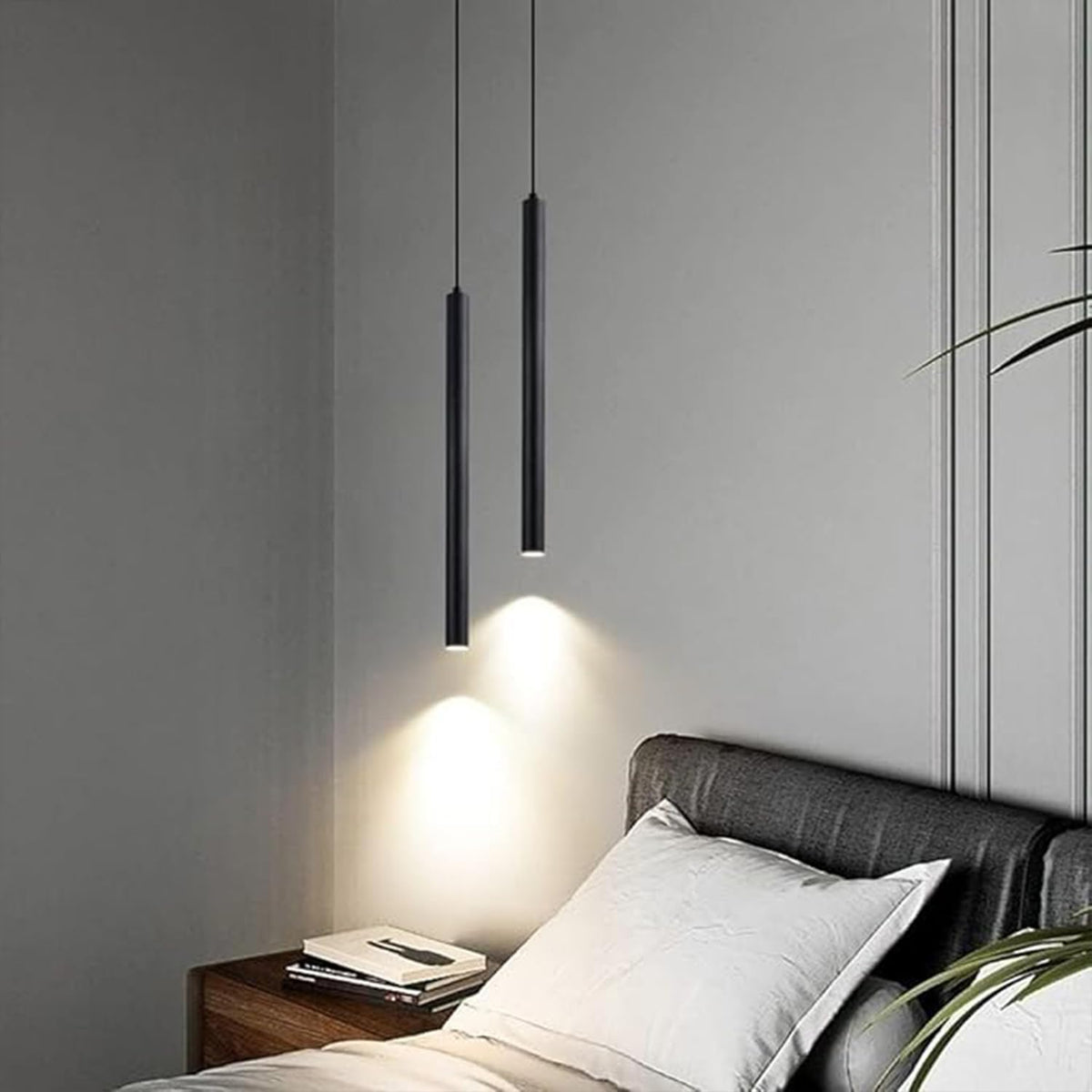 Set 2 pendule LED LIGKIN minimaliste din aluminiu, 50 cm, negre