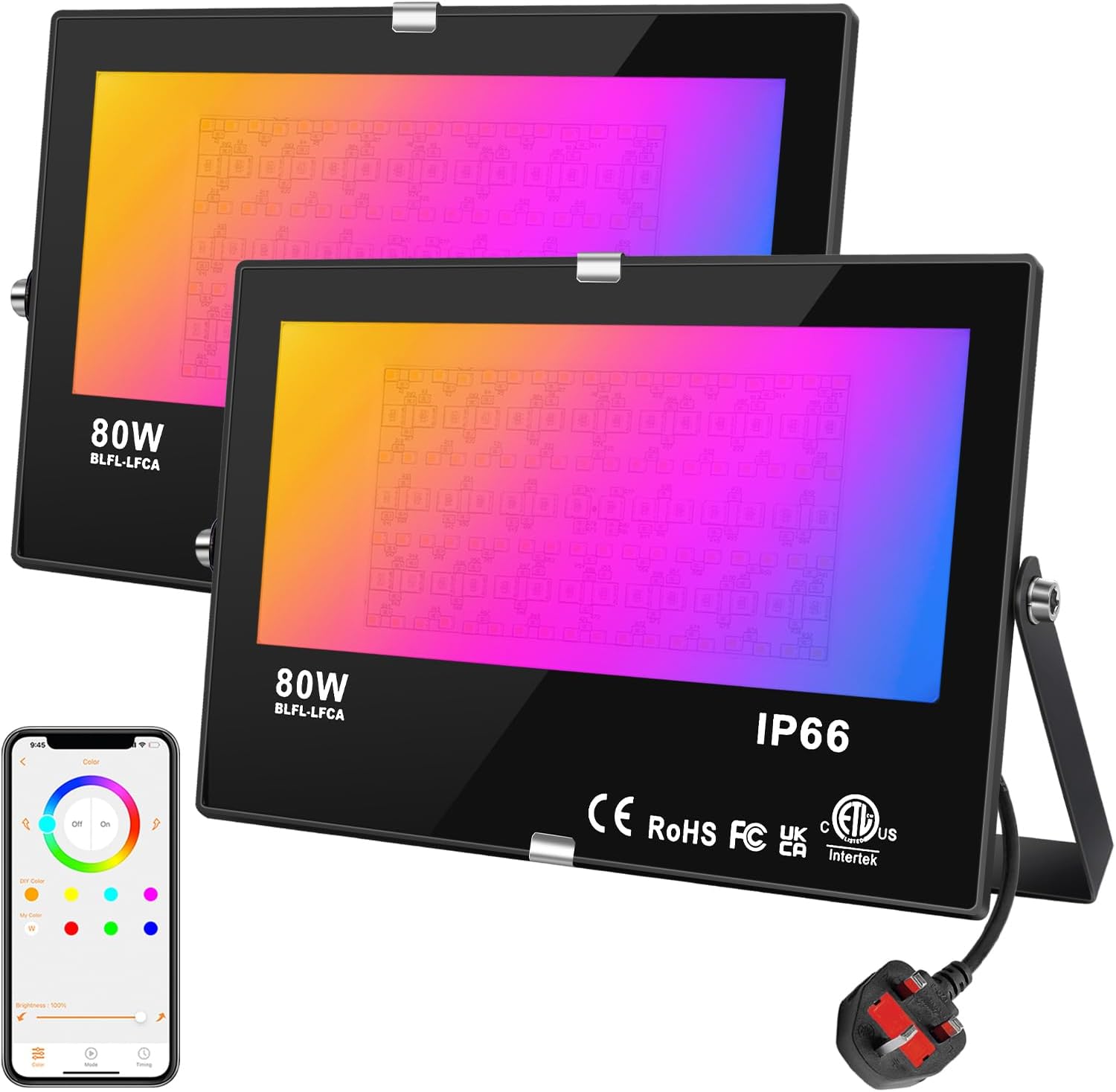 DUSKTEC LED RGB Floodlight Outdoor 80W,Colour Changing Smart Flood Lights with Plug IP66 Waterproof, Plug-in Outdoor Garden Lighting Mains Powered 800W Equivalent with APP Controlled,2 Pack