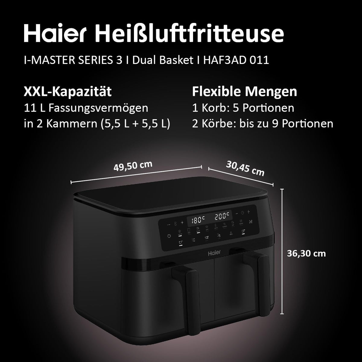 Friteuza cu aer cald Haier cu 2 camere, 11 L, 9 portii