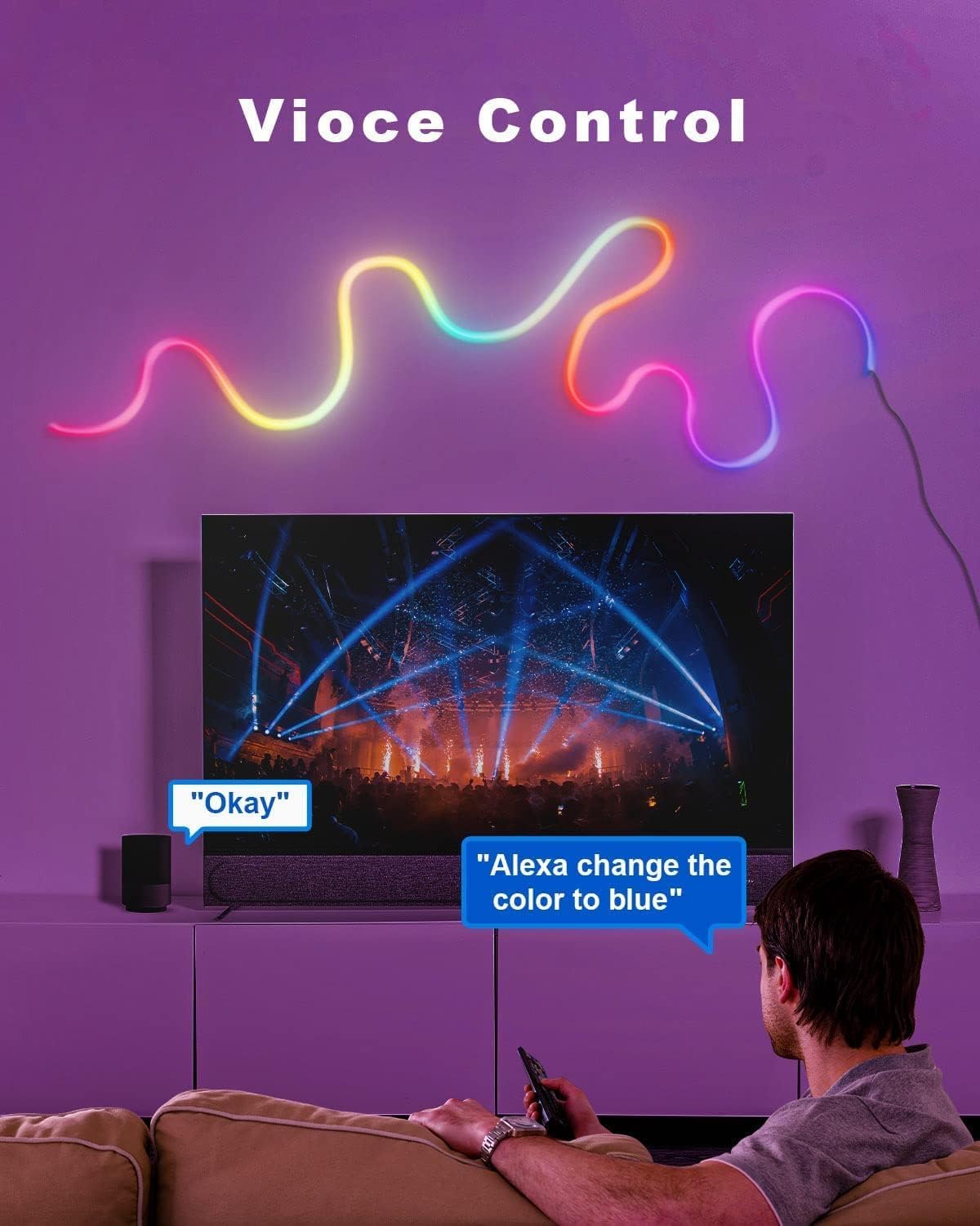 Neon LED Strip 5 m RGB IC LED Strip Lights with Music Sync, Works with Alexa, Google Assistant, Light Rope for Living Room Wall Decoration (Does Not Support 5G WiFi)