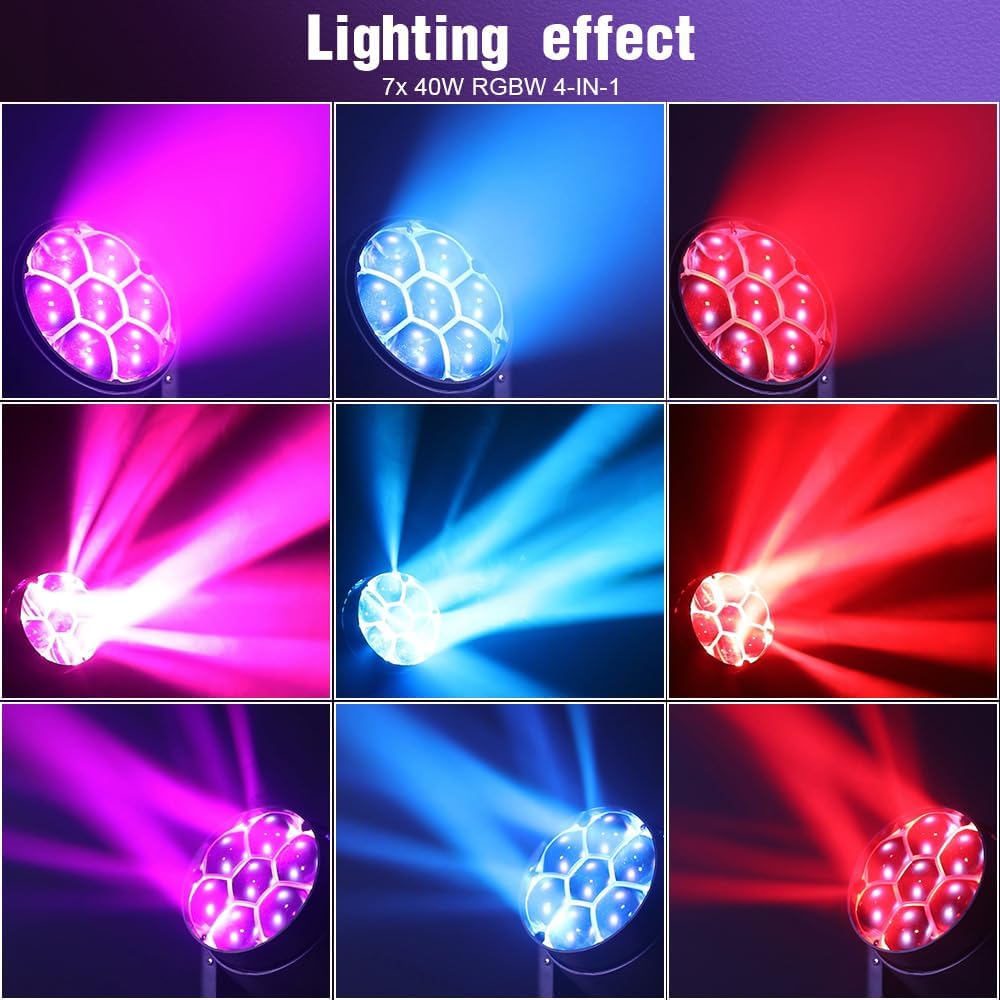 BETOPPER Moving Head Light 7x40W RGBW Beam/Wash/Zoom/CTO Effect Bee Eye LED Stage Lighting Spot Lights with Sound Activated for DJs, Bars, Christmas, and Home Party Lighting,1 Pack
