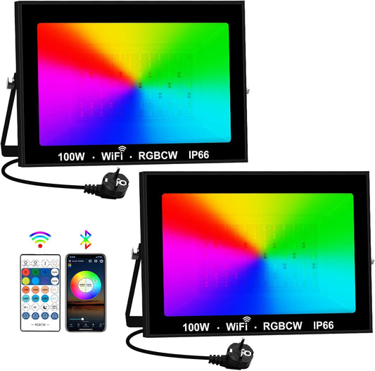 T-SUNUS RGB LED Outdoor Spotlight, 100 W RGB Spotlight, Outdoor WiFi with Bluetooth App Control, IP66 Waterproof, Smart LED Spotlight Floodlight for Party, Bar, Halloween, Christmas Decoration