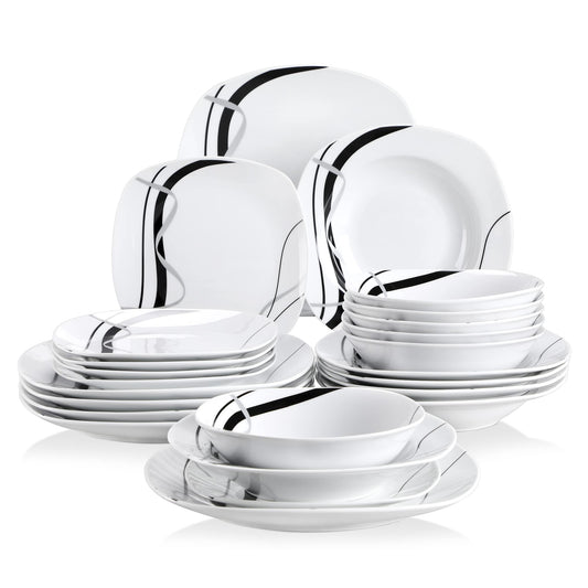 Set Vesela Serviciu masa VEWEET Fiona 24 piese portelan alb linii negre