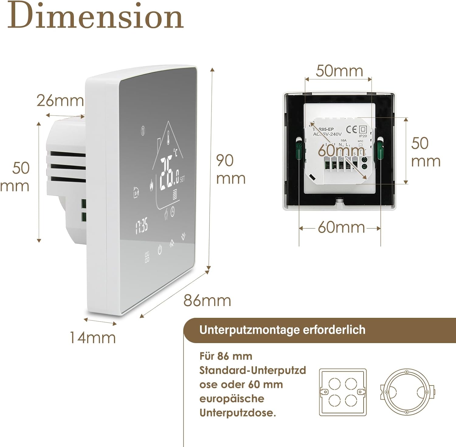 Beok Mirror Thermostat Underfloor Heating Smart WiFi Room Thermostat Heating Thermostat with Digital LCD Wall Thermostat for Water Underfloor Heating Compatible Tuya, Alexa, Google Home 3A
