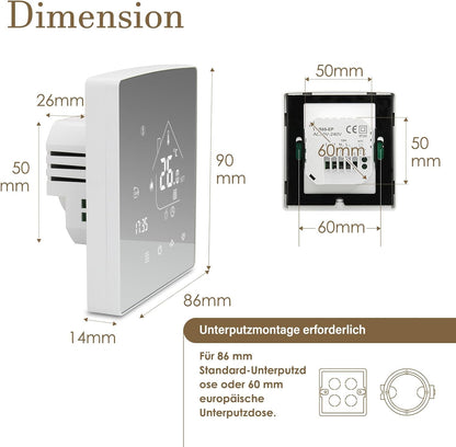 Beok Mirror Thermostat Underfloor Heating Smart WiFi Room Thermostat Heating Thermostat with Digital LCD Wall Thermostat for Water Underfloor Heating Compatible Tuya, Alexa, Google Home 3A