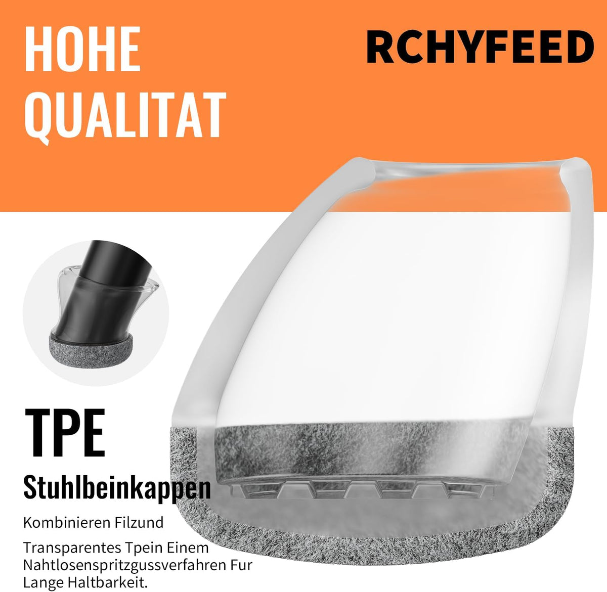 Set 24 capace din silicon RCHYFEED pentru picioare de scaun inclinate, transparente cu fetru gri, marimea S 14-20 mm