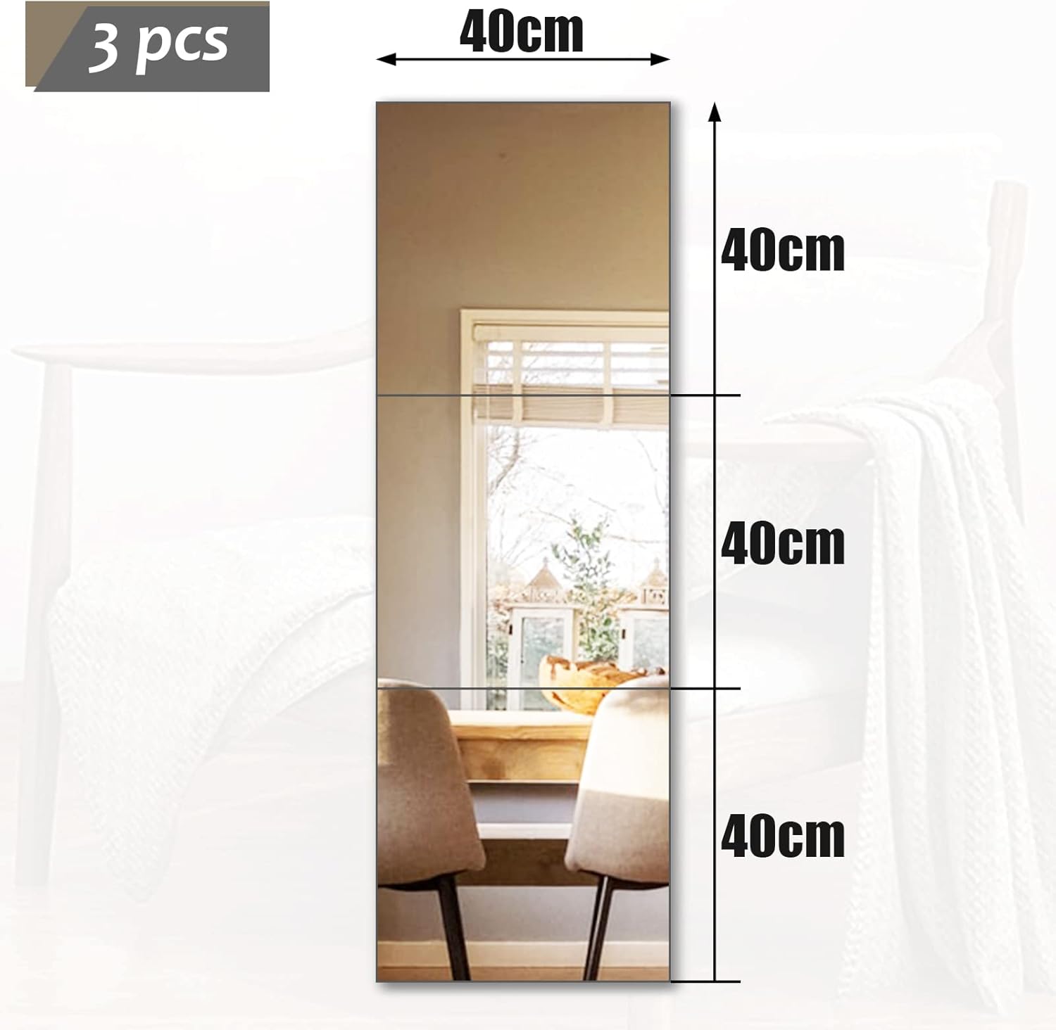 Muzilife Glass Mirror Tiles, 3 Pieces, 40 x 40 cm, DIY Wall Mirror with 4 Adhesive Mats, HD Mirror Set in Kitchen, Living Room and Bathroom