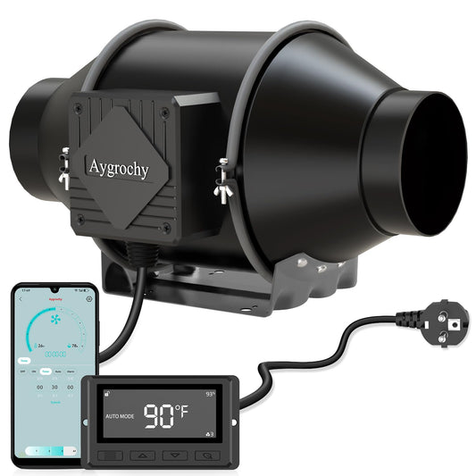 Aygrochy ventilator extractor de tub 100 mm WiFi, motor EC 30 W, 363 m3/h, 2800 rpm, control temperatura si umiditate din aplicatie, pentru ventilatie si extractie fum