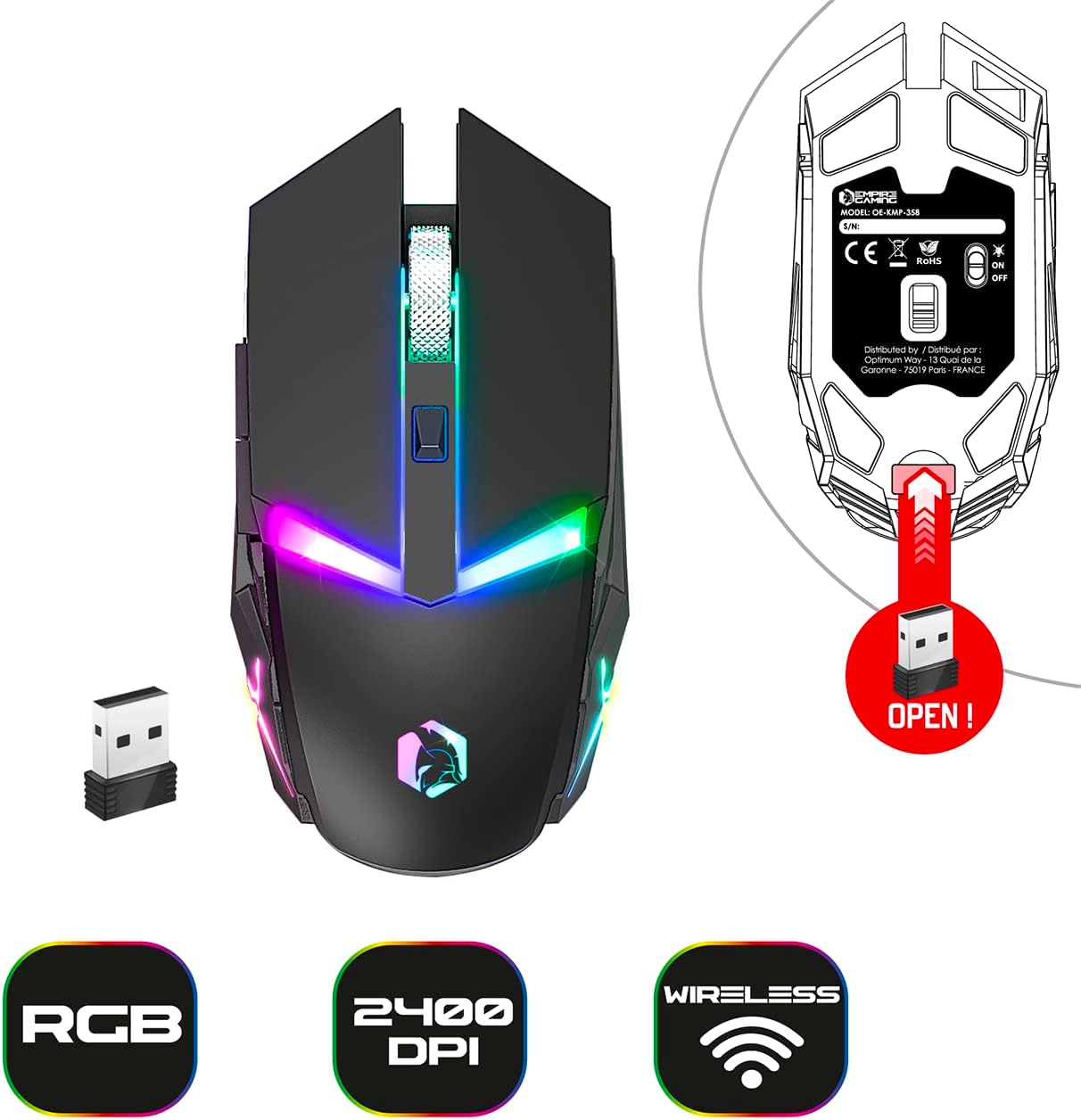 EMPIRE GAMING - Armor RF358 Wireless Pack - AZERTY Wireless Gaming Keyboard (French Layout) 2.4 GHz RGB - 2400 DPI Gamer Mouse - Mouse Pad - PC PS4 PS5 Xbox One/Series