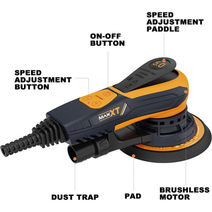 MAXXT Electric 5mm Random Orbital Sander, Palm Sander with Brushless Motor, 5&6Inch Sanding Pads, Central Vacuum, Sanders for Woodworking, Primary Wood and Panel Processing(Orange)