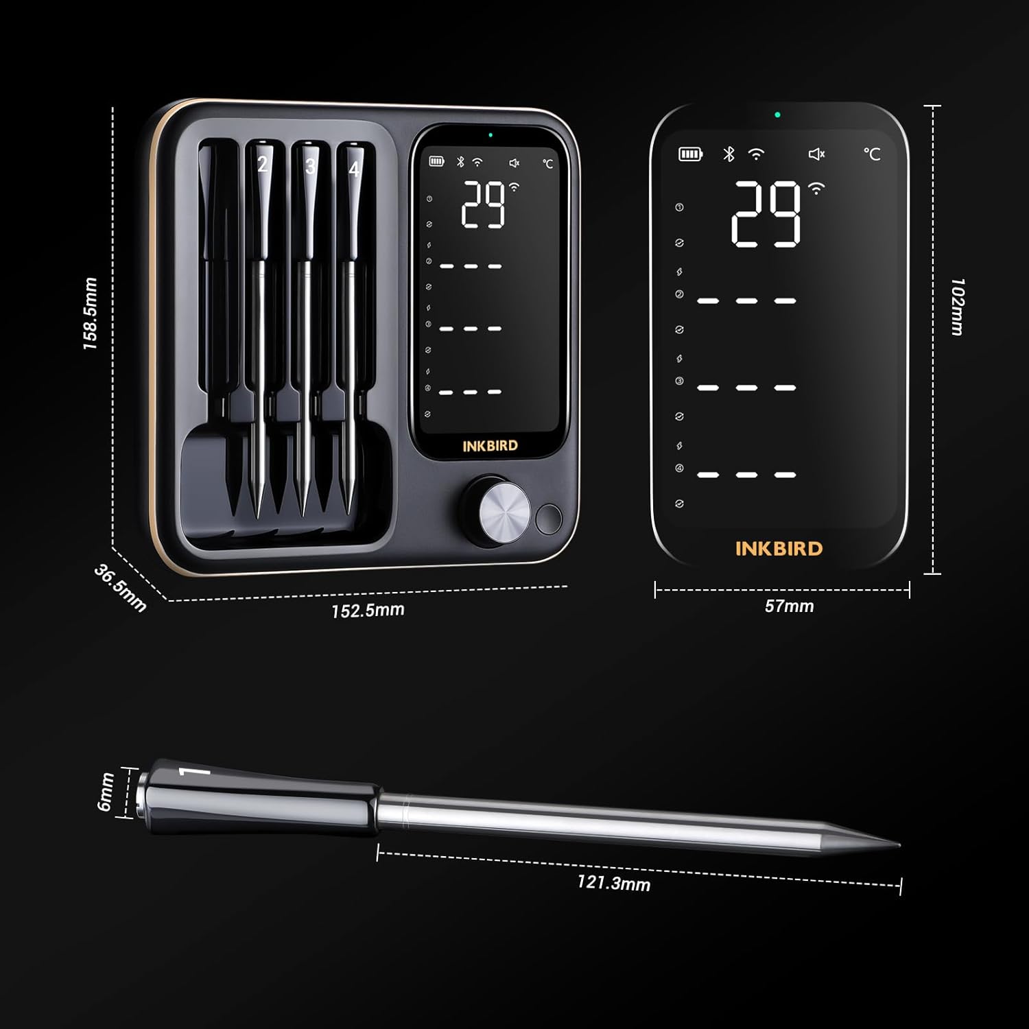 Inkbird INT-14-BW Meat Thermometer Wireless, Smart Grill Thermometer WiFi 2.4G and Bluetooth 5.4 Signal 91 m, Oven Thermometer for Oven, Grill, Smoker, Rotisserie Airfryer Oven