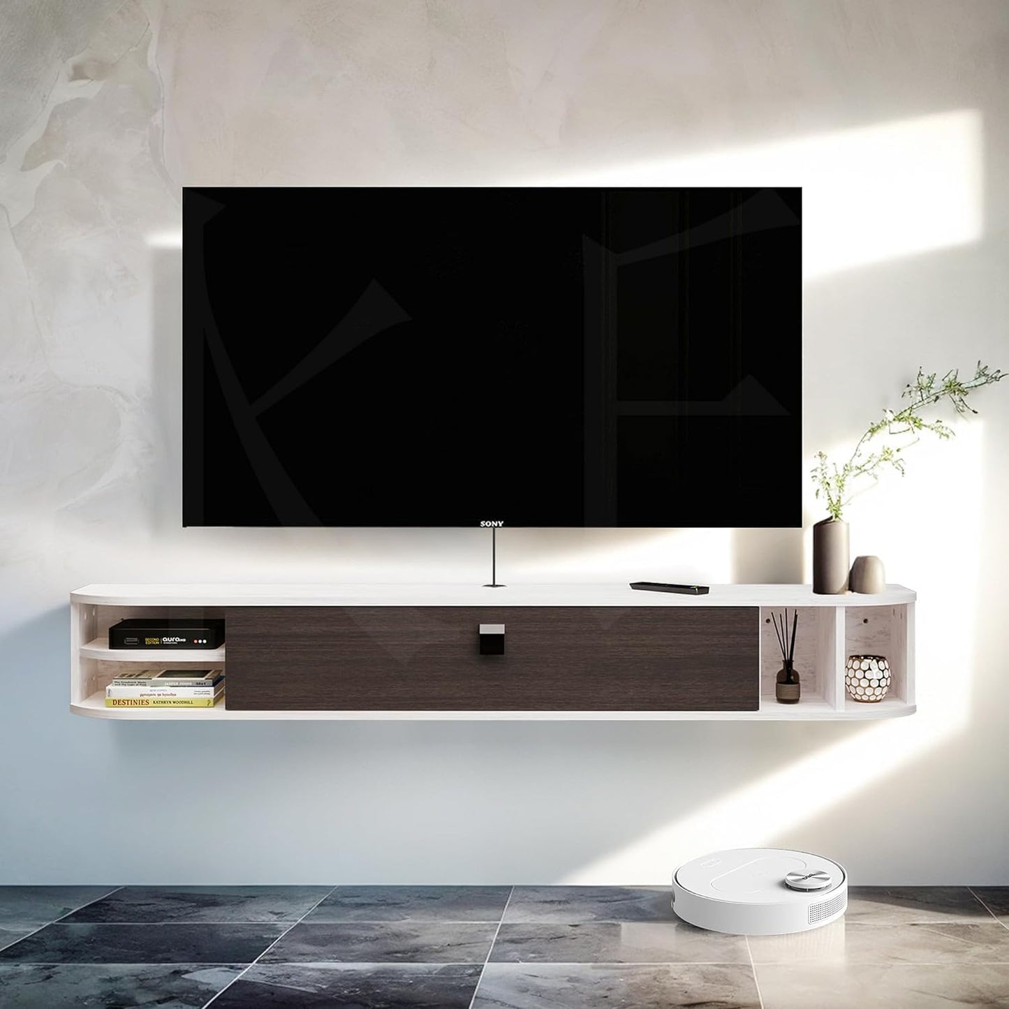 Comoda TV de perete din lemn Pmnianhua 140 cm Lemn Gri-Alb Modern