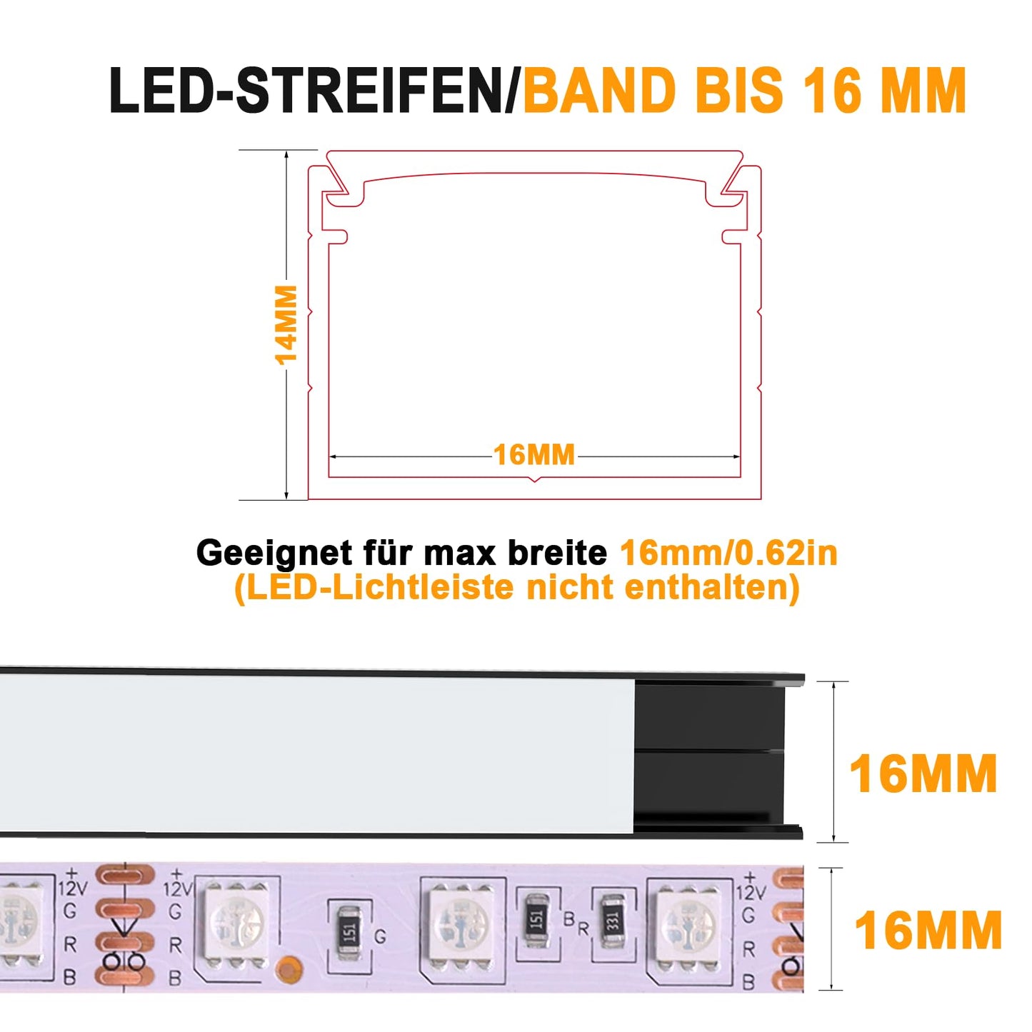 Profil LED Angdarun Aluminium 1 m U-shape 16 mm, negru-alb