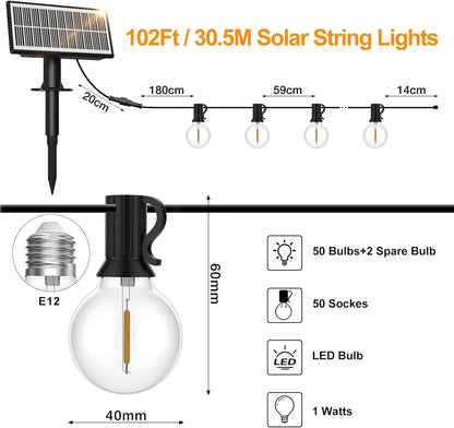 Solar Fairy Lights Outdoor, 30.6 m Fairy Lights Bulbs Outdoor 50 + 2 LEDs G40 Bulbs, Waterproof 4 Mode Solar Garden Garland Lights for Patio, Backyard, Balcony, Party (USB Powered)
