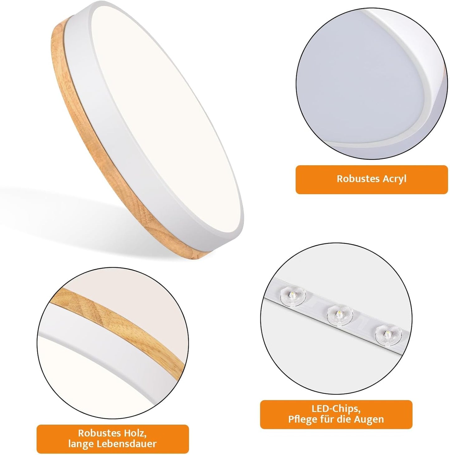 Qamra Ceiling Light, LED Ceiling Light, Wood, 40 cm, Flat Ceiling Light, White, 36 W Round Lamp for Living Room, Bedroom, Kitchen, Hallway, Dining Room, 4000 K