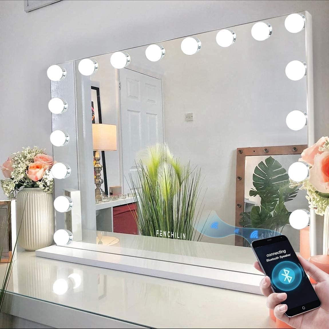 Oglinda cosmetica FENCHILIN Bluetooth 10x 18 LED USB 80x58 cm
