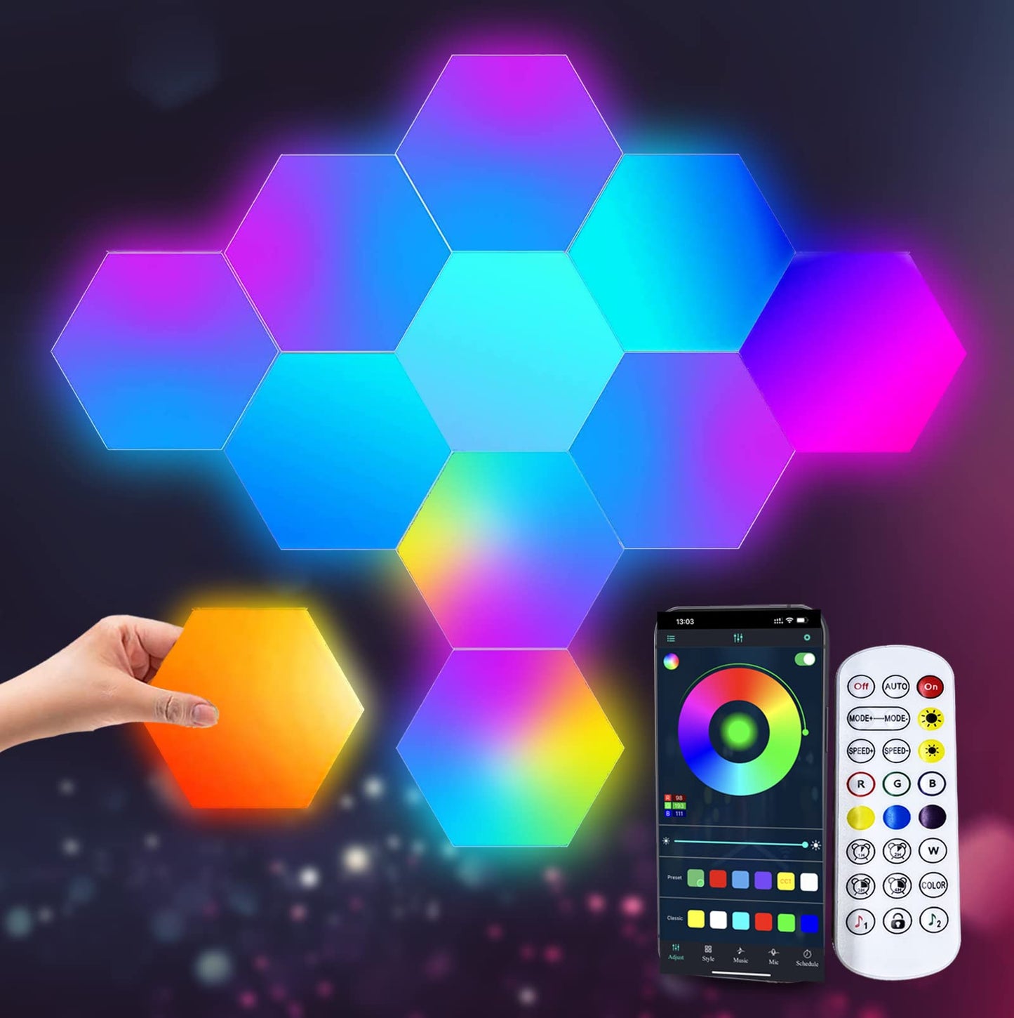 Amailtom Hexagon LED Lights, Smart Hexagon Gaming Wall Lights App & Remote Control, LED Light Panels Music Sync, DIY Geometry RGB Room Light for Gaming Room Living Bedroom Streaming, 7 Panels