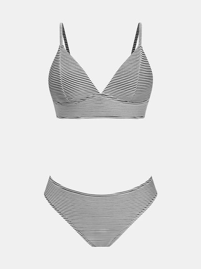 Costum de baie din doua piese CUPSHE cu design triunghiular si banda lata sub bust, marimea M, alb/negru in dungi