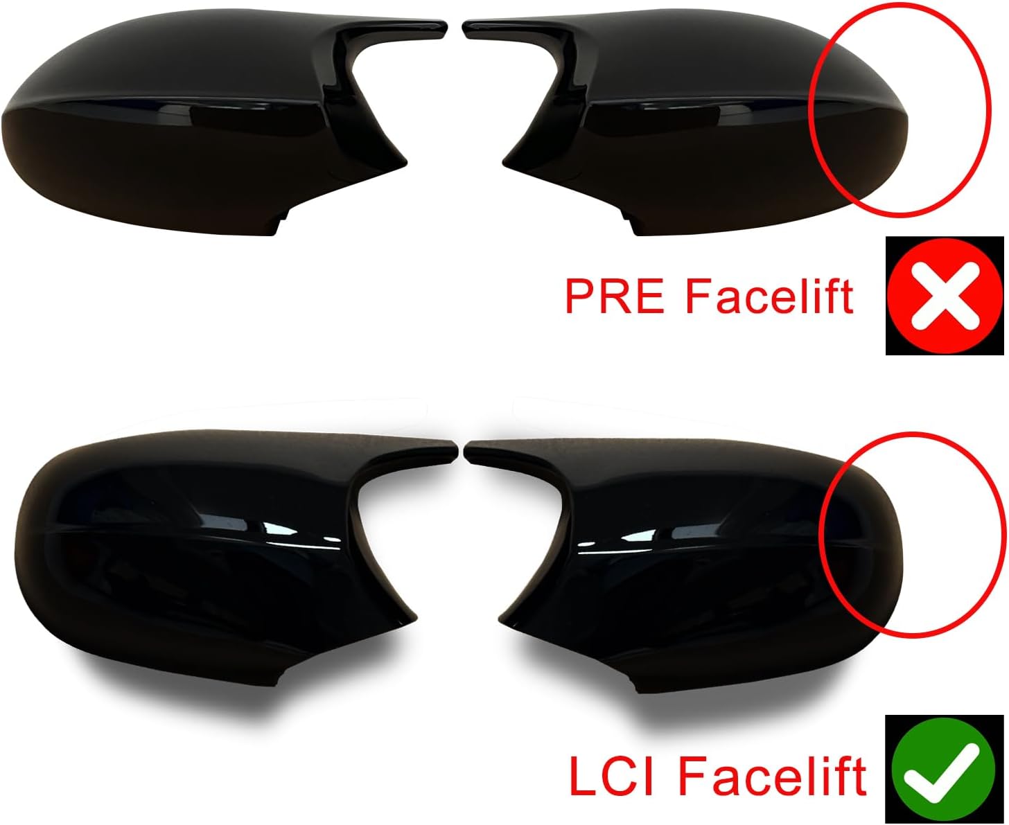 Door Mirror Cover Caps For BMW E81 E87 2008-2011 E90 E91 2009-2011 E92 E93 2010-2013 LCI Facelift Replacement Side Mirror Caps Gloss Black(For 1er E81 E87&3er E90 E91 E92 E93 LCI)