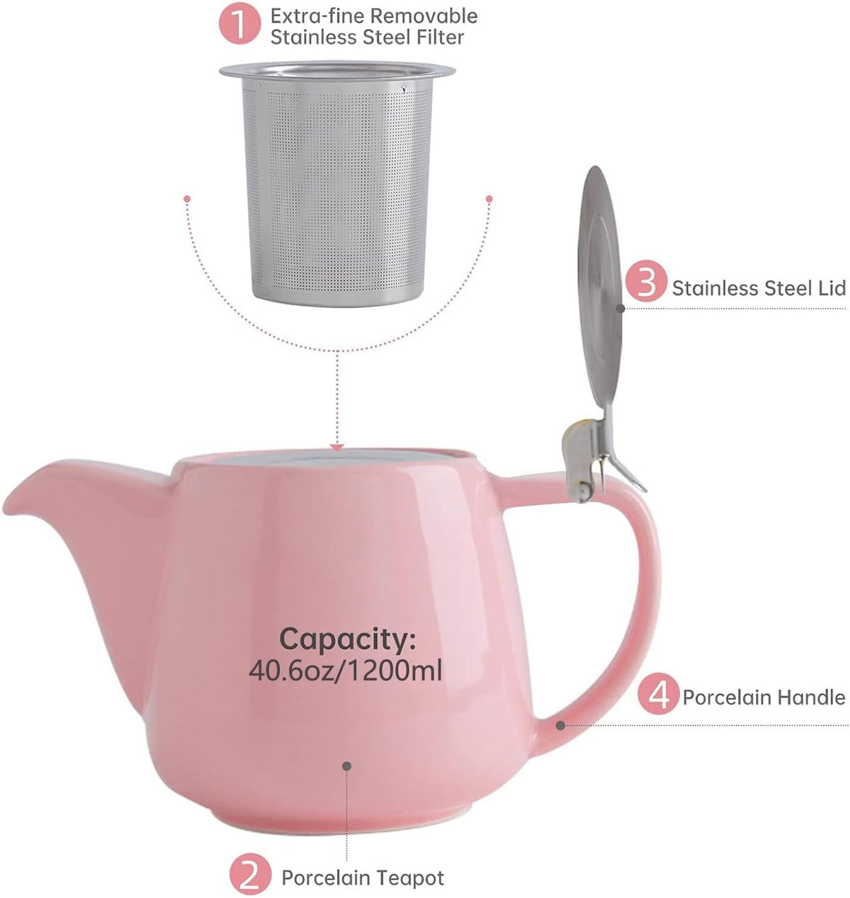 Ceainic VIVILINEN Porcelain 1.2L cu Infuzor Detasabil pentru Ceai