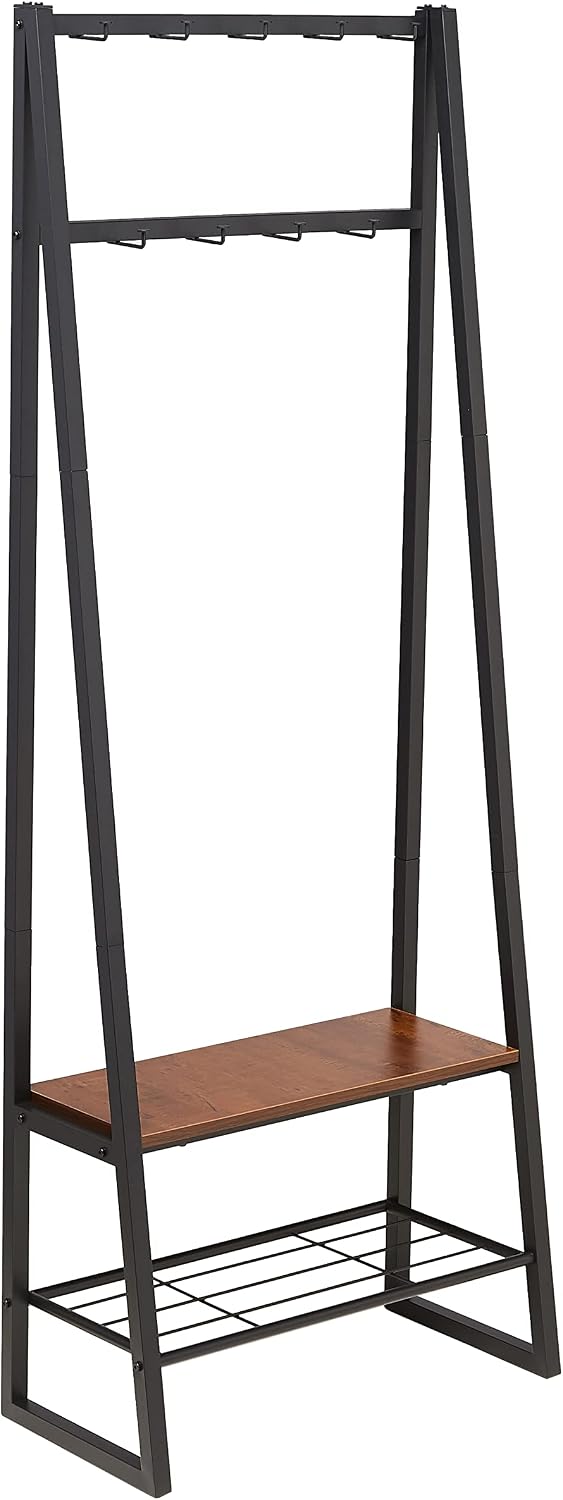 Cuier Amazon Basics cu 9 carlige, banca pentru pantofi si 2 niveluri de depozitare, negru, 65 x 33 x 170,1 cm