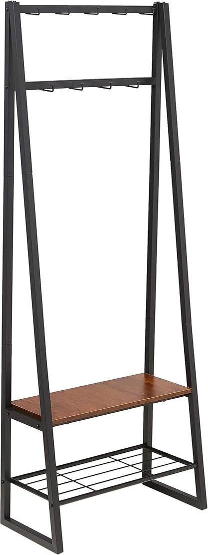 Cuier Amazon Basics cu 9 carlige, banca pentru pantofi si 2 niveluri de depozitare, negru, 65 x 33 x 170,1 cm