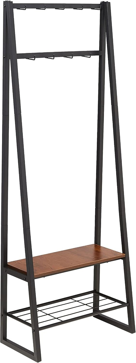 Cuier Amazon Basics cu 9 carlige, banca pentru pantofi si 2 niveluri de depozitare, negru, 65 x 33 x 170,1 cm