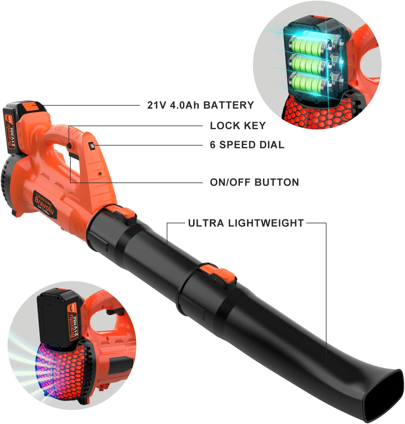 Battery Leaf Blower, Bravolu 21 V Blower Max. Fan Speed 210 km/h, with 4.0 Ah Battery and Charger, 6 Speed