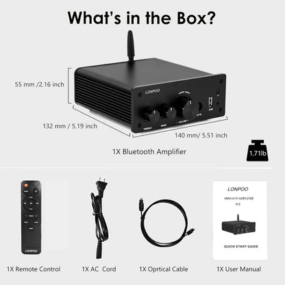 LONPOO Mini Bluetooth HiFi Amplifier 200 W with Remote Control, Optical, Coax, USB, AUX Input, 2 Channel Audio L/R Output for Speaker Cable (AMP-615)
