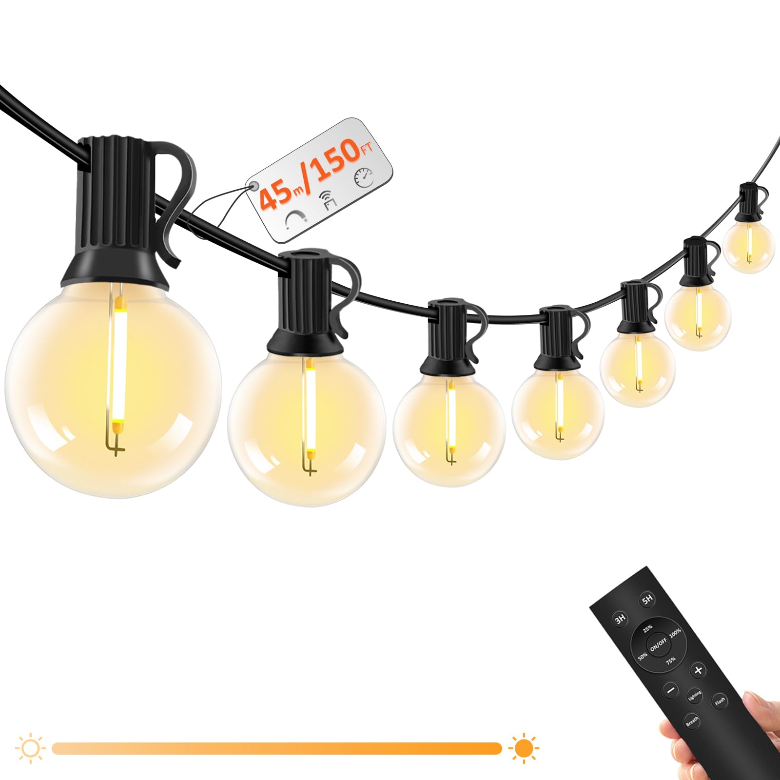 Outdoor Fairy Lights with Remote Control - 15 m LED Fairy Lights Dimmable G40 Bulbs, 4 Modes and Timmer Function, Waterproof for Outdoor Garden Balcony Patio Party Camping Wedding