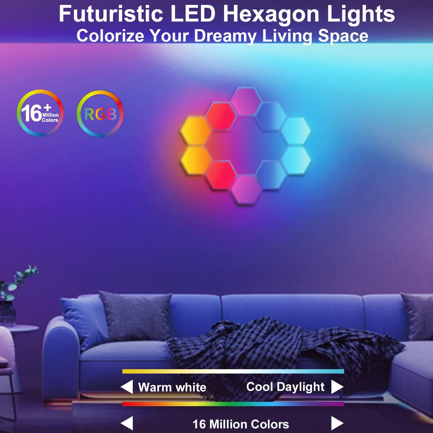 Amailtom Hexagon LED Lights, Smart Hexagon Gaming Wall Lights App & Remote Control, LED Light Panels Music Sync, DIY Geometry RGB Room Light for Gaming Room Living Bedroom Streaming, 7 Panels