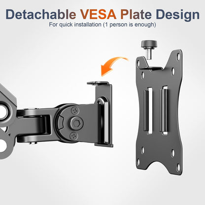 PUTORSEN Monitor Arm Wall Mount Bracket for 17-42 inch Screens, Height Adjustable Gas Spring Single Wall Monitor Mount, Tilt Swivel Rotate, Load 12KG, VESA 75x75/100x100mm, Black