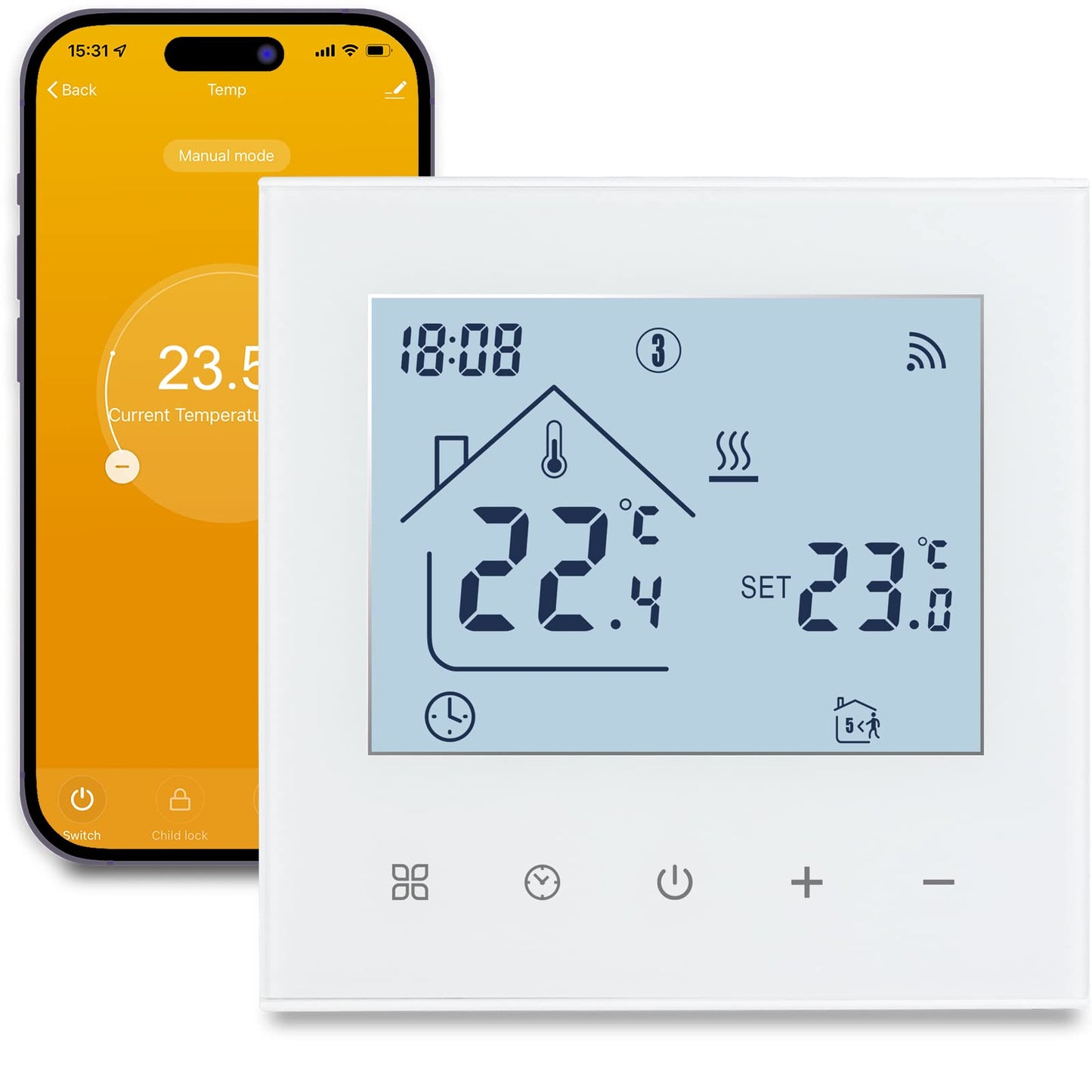 Termostat inteligent Beok WiFi pentru incalzire, centrala termica si incalzire in pardoseala, termostat de ambient programabil cu LCD digital, 3A, TDR89W-WIFI-WPB, alb