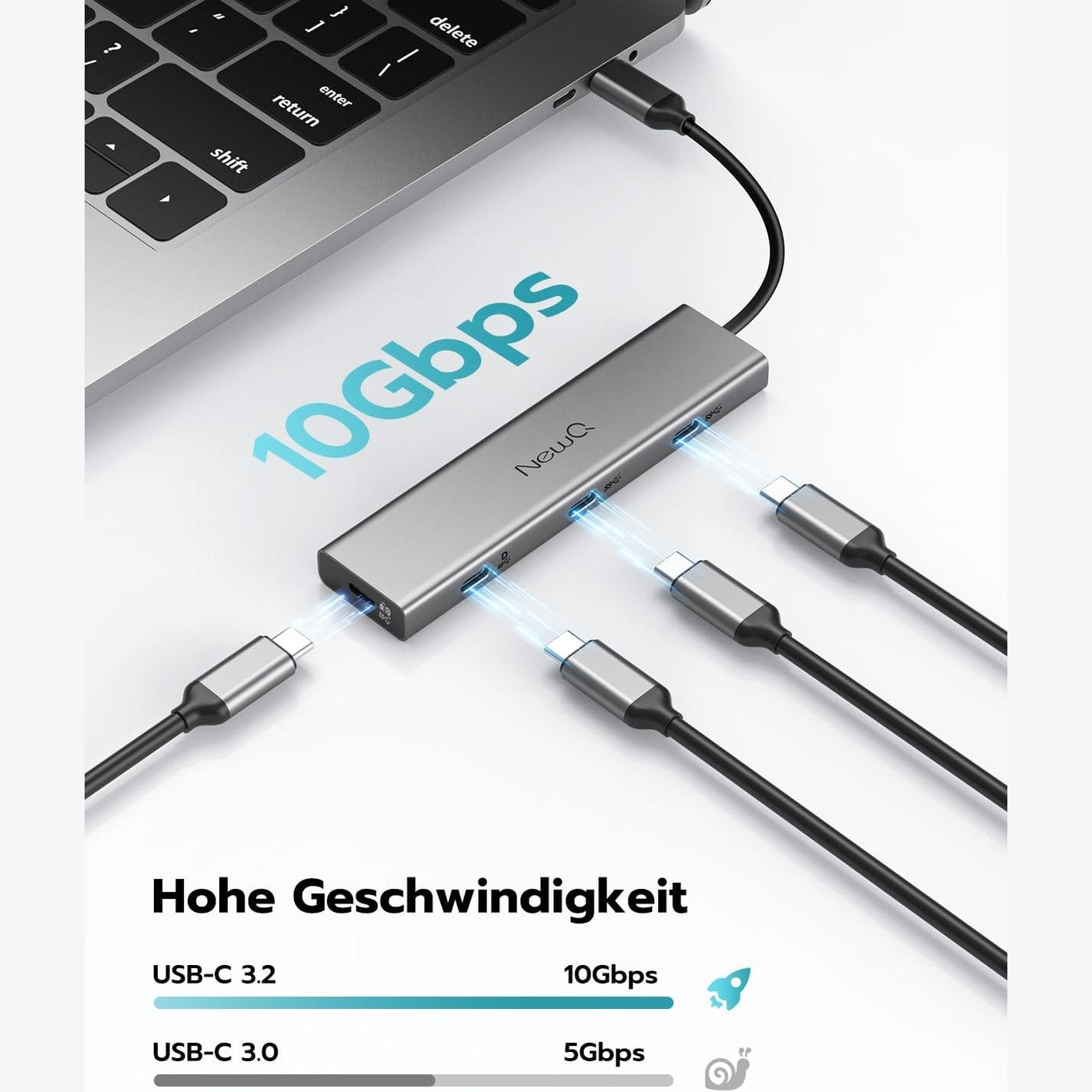 USB C Video Hub NEWQ Type C Hub 3.2 Reverse Current Monitor, Dual Video Display 4K@30-60Hz, 4x USB-C 3.2 GEN2 10Gbps, Support PD 100W Max, with Video Cable