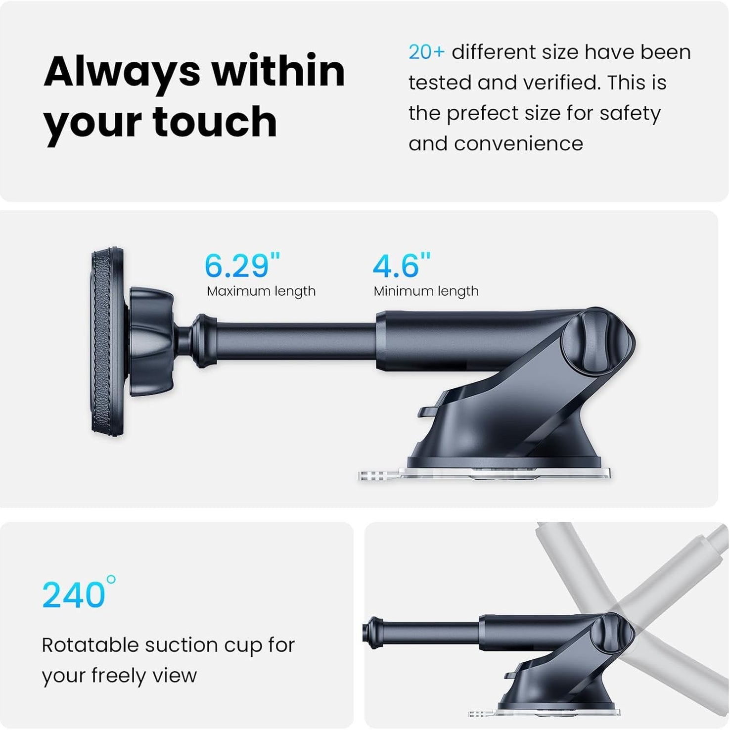 APPS2Car Magnetic Phone Mount for Car – Industrial Suction Cup Dashboard & Windshield Holder with Telescopic Arm, 6 Strong Magnets – Universal Fit for iPhone & Android (Metal Plate Required)