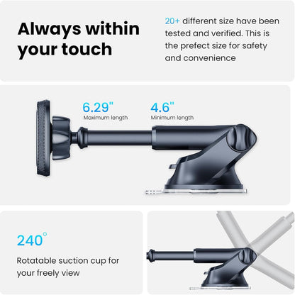 APPS2Car Magnetic Phone Mount for Car – Industrial Suction Cup Dashboard & Windshield Holder with Telescopic Arm, 6 Strong Magnets – Universal Fit for iPhone & Android (Metal Plate Required)